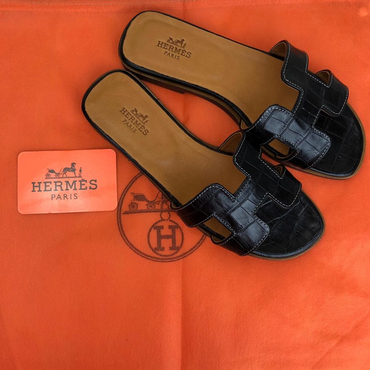 HERMES ORAN SANDALS KROKO SİYAH TERLİK